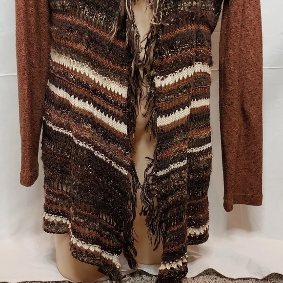 BKE Fringed Brown Sweater Open Cardigan Size Small - Picture 3 of 16